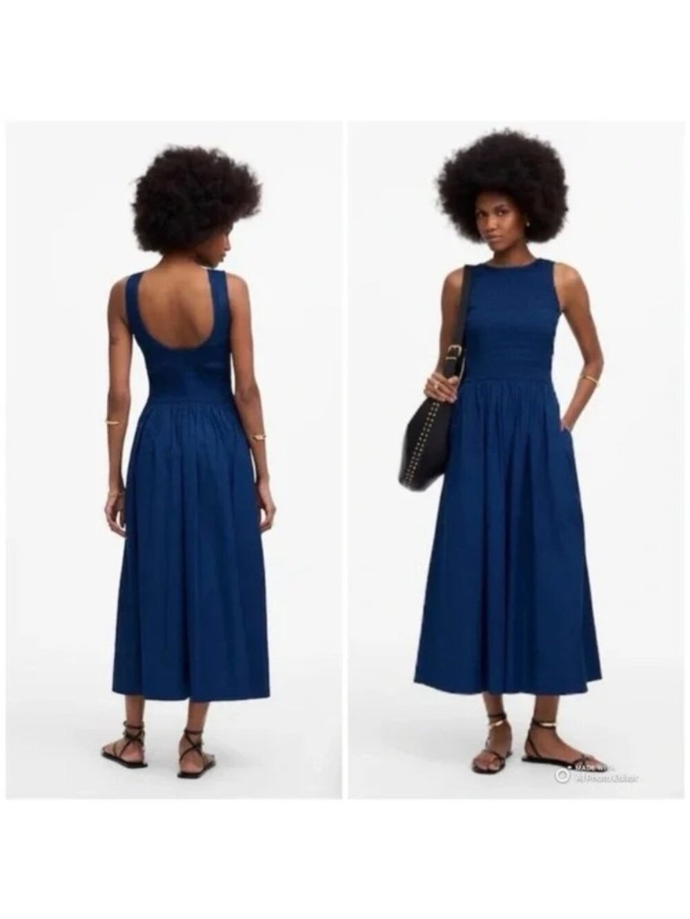 Madewell The Melody Scoopback Smocked Midi Dress Blue Moon PXXS Pockets HighNeck